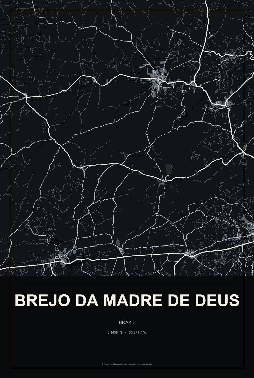 Brejo da Madre de Deus, Brazil City Map Aluminum Sign in Metropolitan Noir style