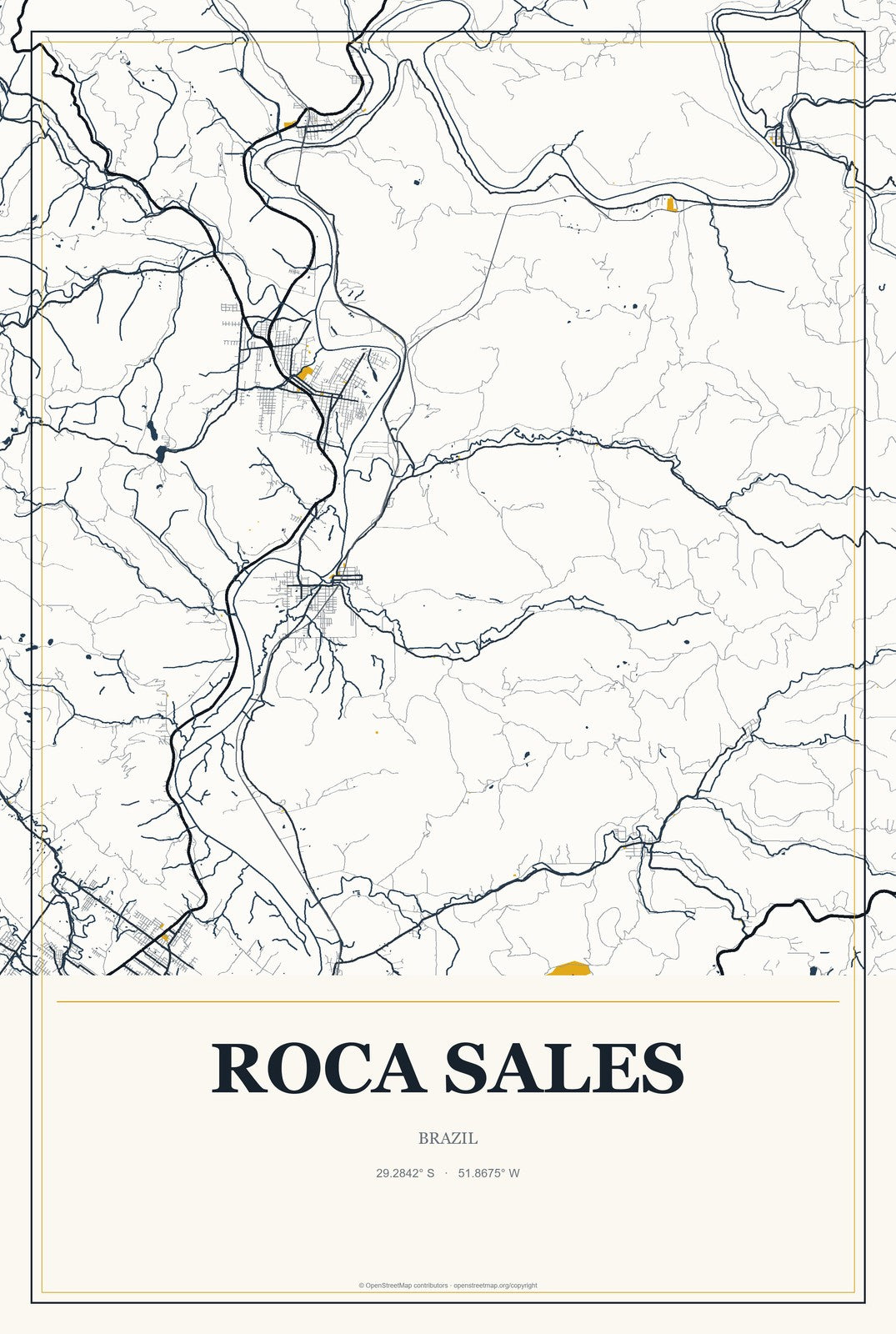 Roca Sales, Brazil City Map Aluminum Sign in Citrine Modern style