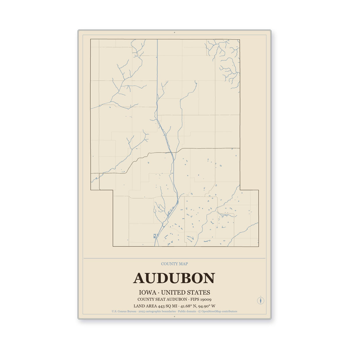 Audubon County, Iowa Map Aluminum Sign in Heritage Nautical style