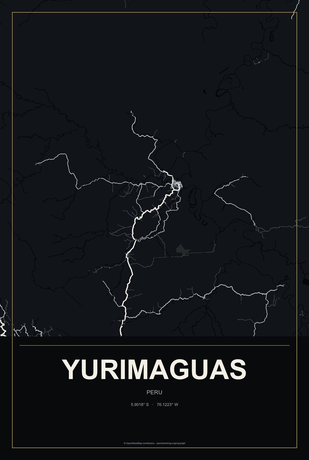 Yurimaguas, Peru City Map Aluminum Sign in Metropolitan Noir style