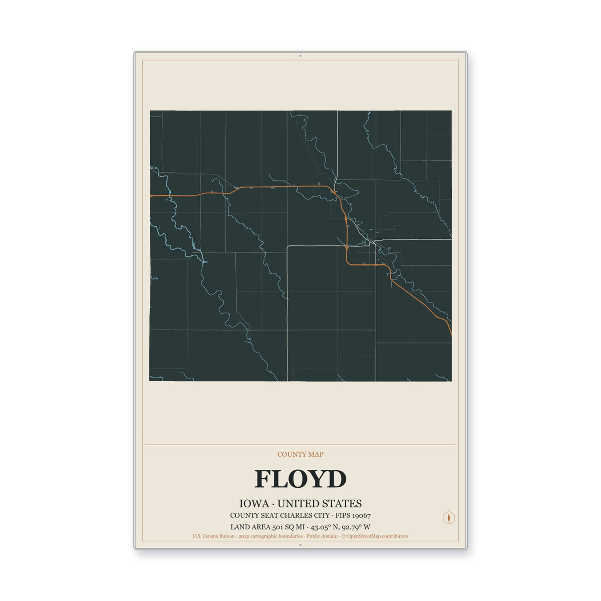 Floyd County, Iowa Map Aluminum Sign in Headline Atlas style