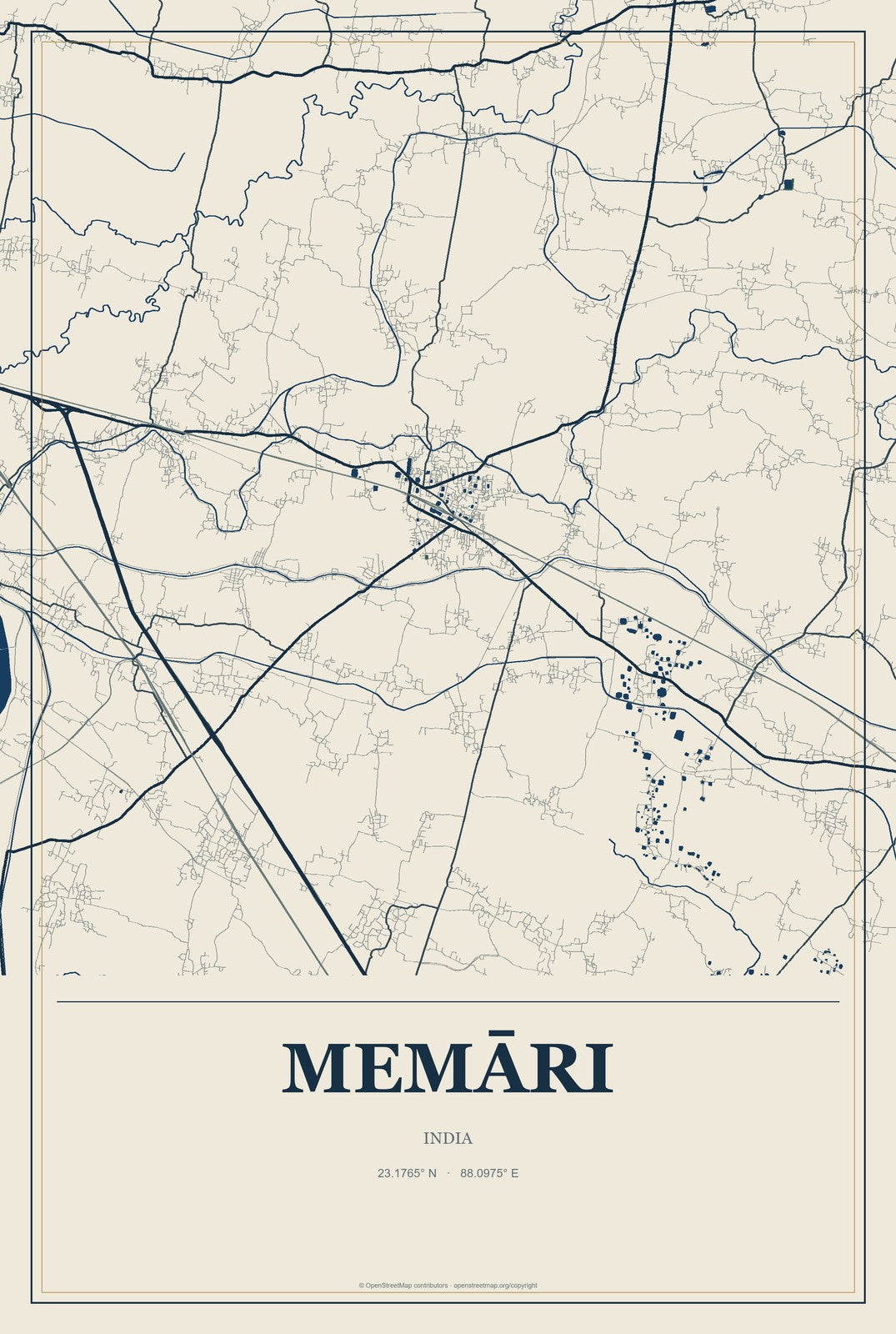 Memāri, India City Map Aluminum Sign in Coastal Cutout style