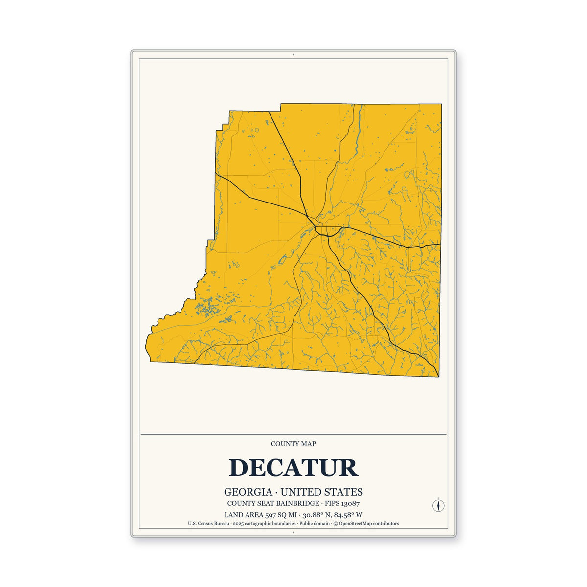 Decatur County, Georgia Map Aluminum Sign in Citrine Modern style