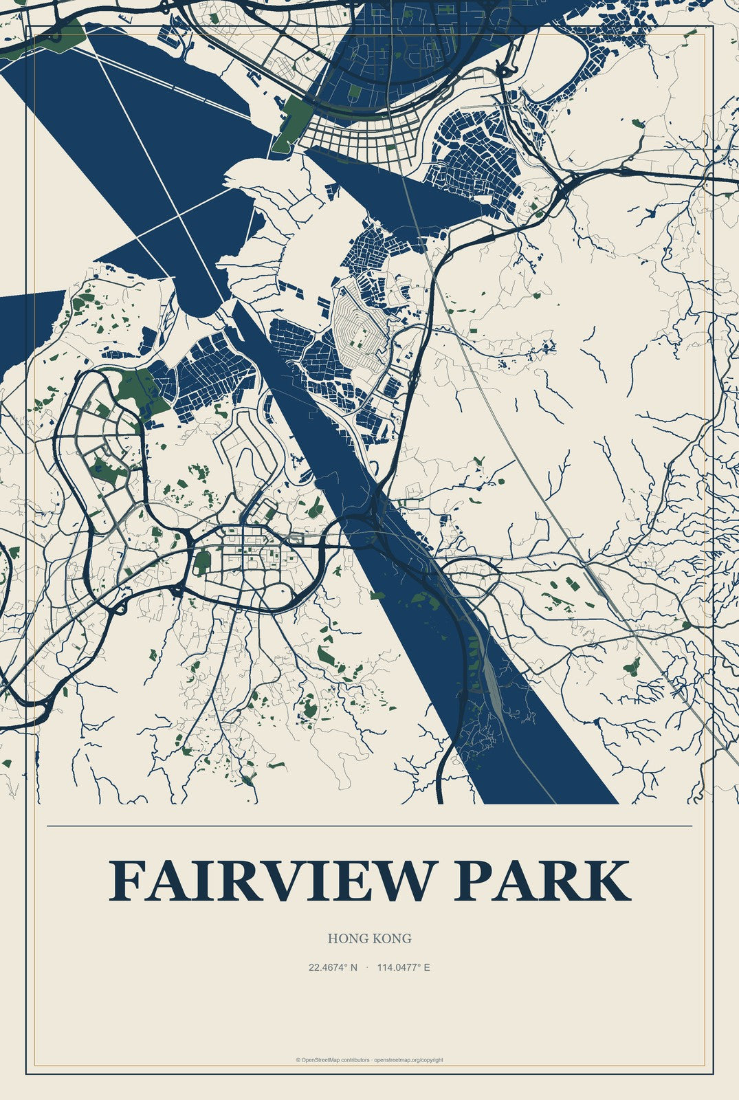 Fairview Park, Hong Kong City Map Aluminum Sign in Coastal Cutout style