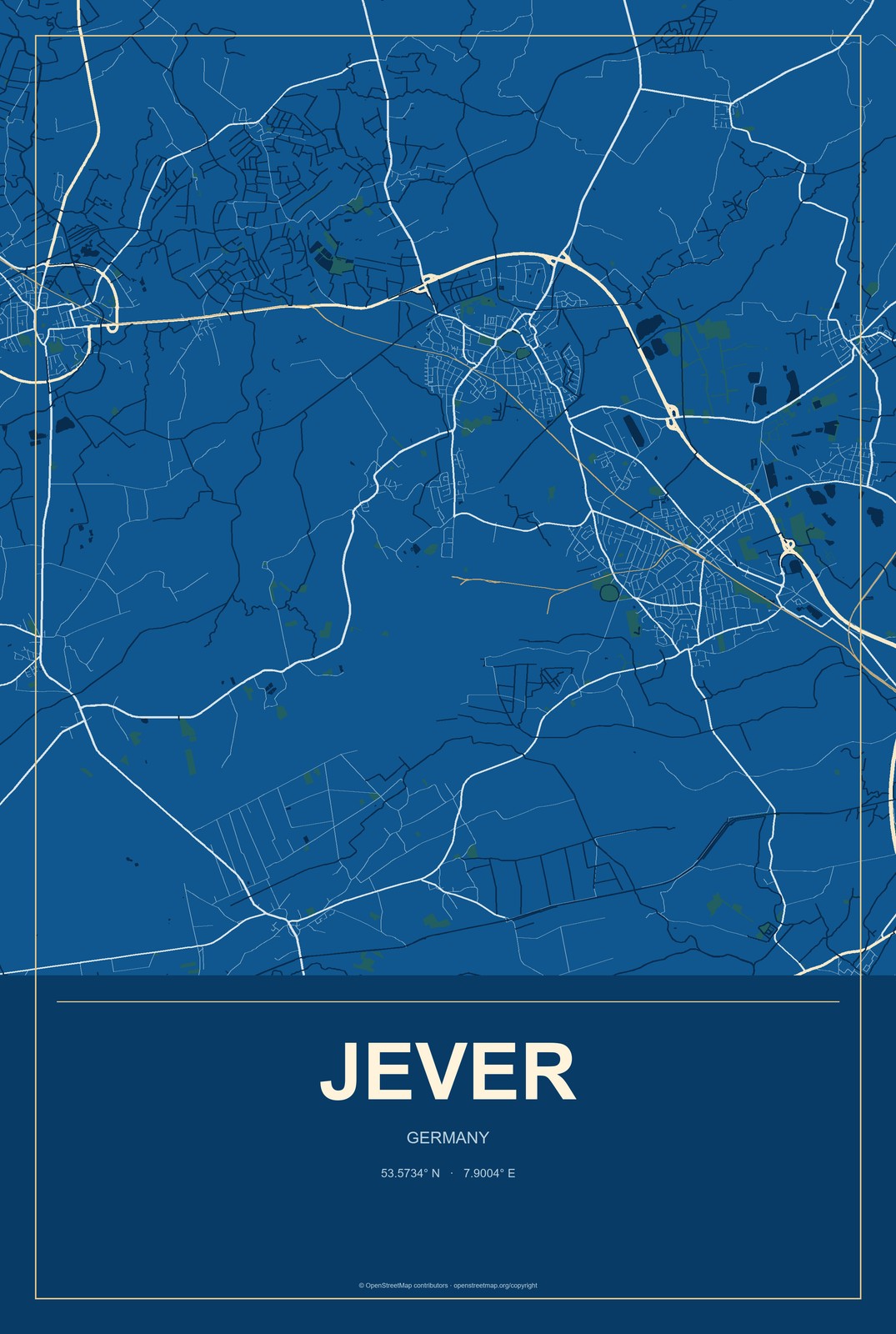 Jever, Germany City Map Aluminum Sign in Harbor Cobalt style