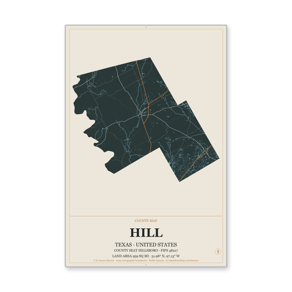 Hill County, Texas Map Aluminum Sign in Headline Atlas style