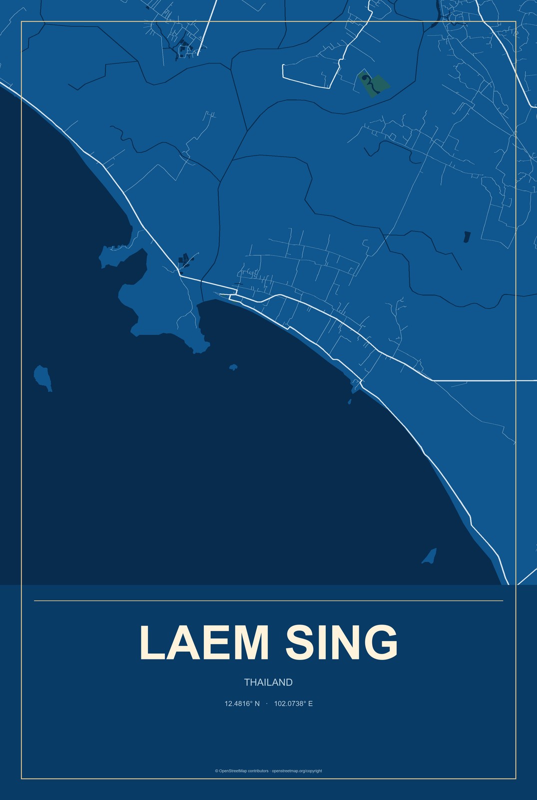 Laem Sing, Thailand City Map Aluminum Sign in Harbor Cobalt style