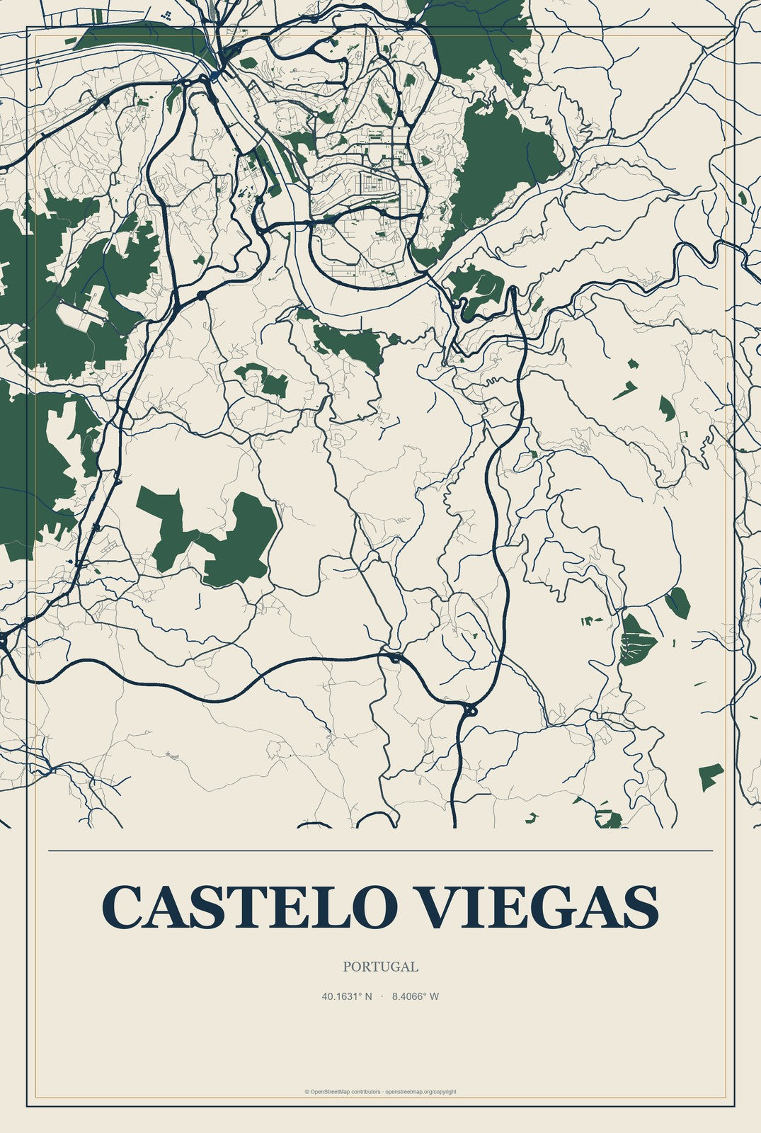 Castelo Viegas, Portugal City Map Aluminum Sign in Coastal Cutout style