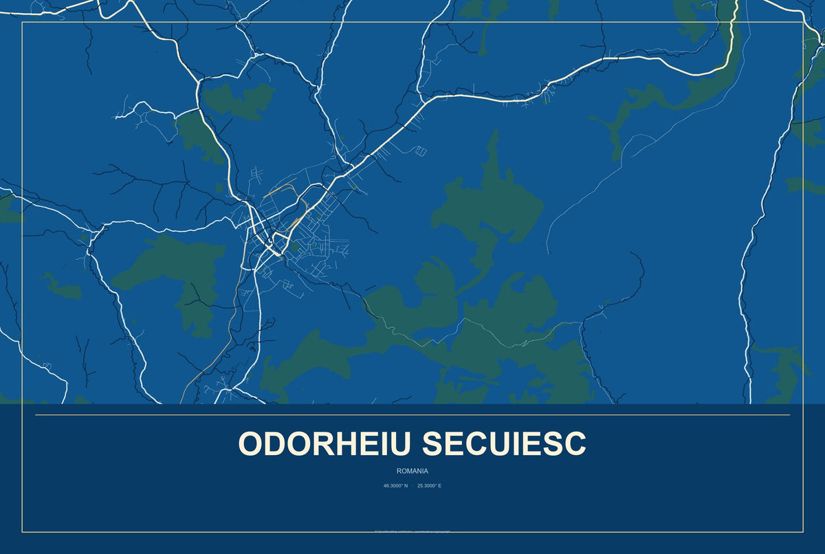 Odorheiu Secuiesc, Romania City Map Aluminum Sign in Harbor Cobalt style