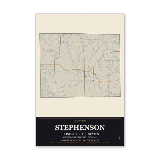 Stephenson County, Illinois Map Aluminum Sign in Museum Plaque style