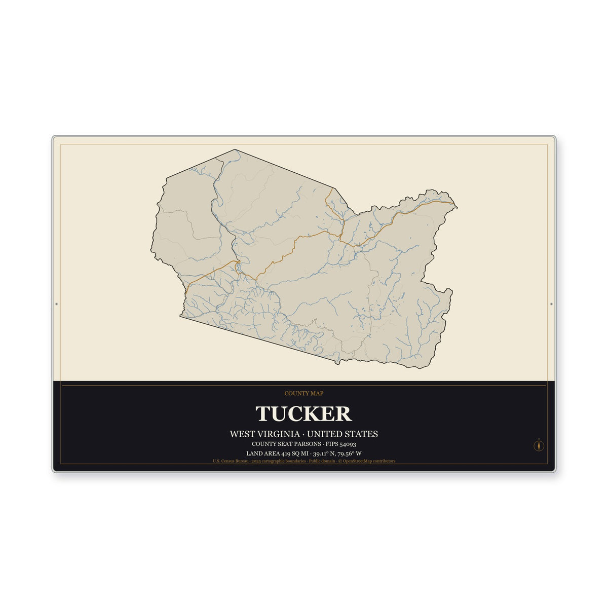 Tucker County, West Virginia Map Aluminum Sign in Museum Plaque style