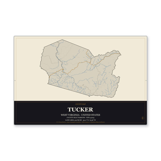 Tucker County, West Virginia Map Aluminum Sign in Museum Plaque style