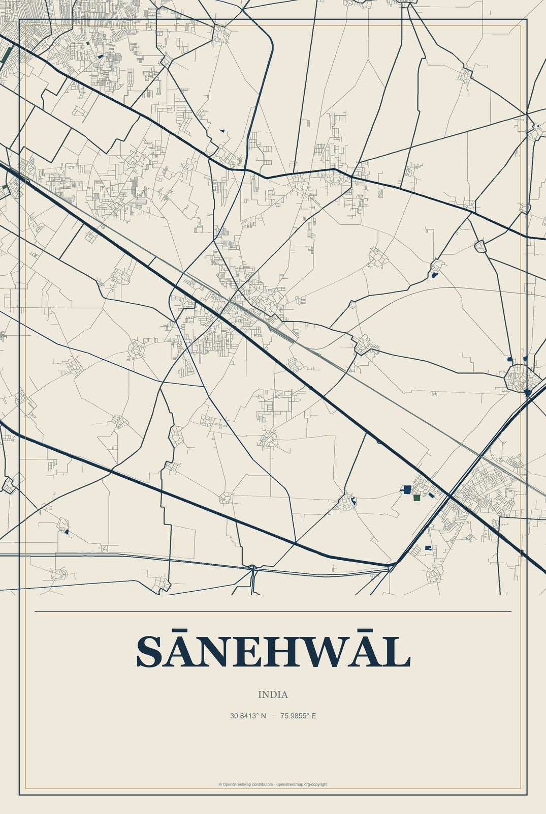 Sānehwāl, India City Map Aluminum Sign in Coastal Cutout style