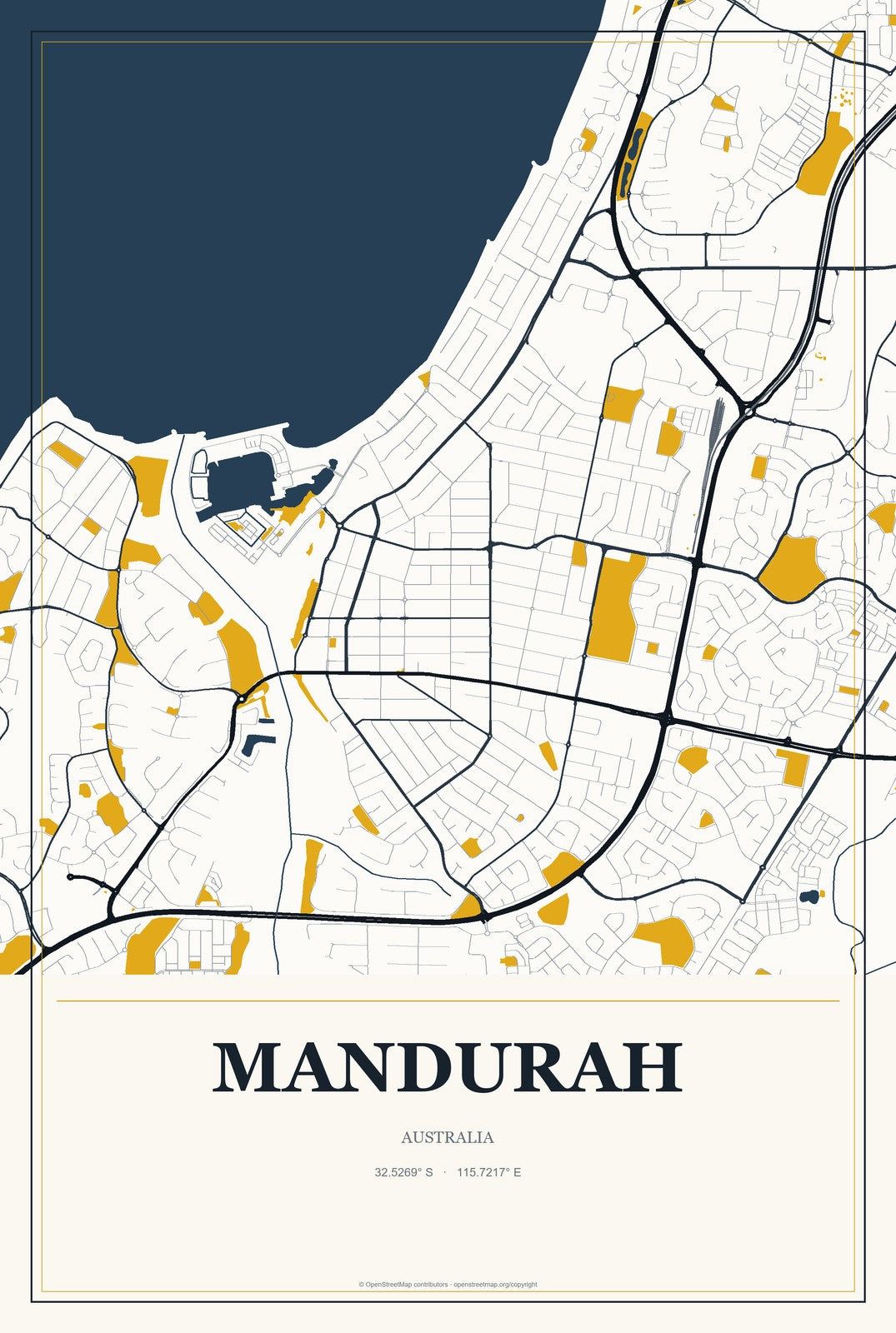 Mandurah, Australia City Map Aluminum Sign in Citrine Modern style