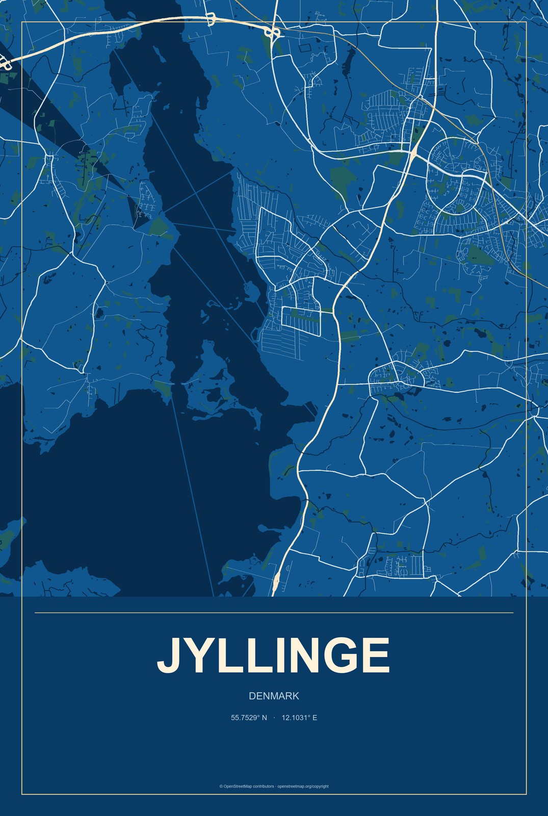 Jyllinge, Denmark City Map Aluminum Sign in Harbor Cobalt style