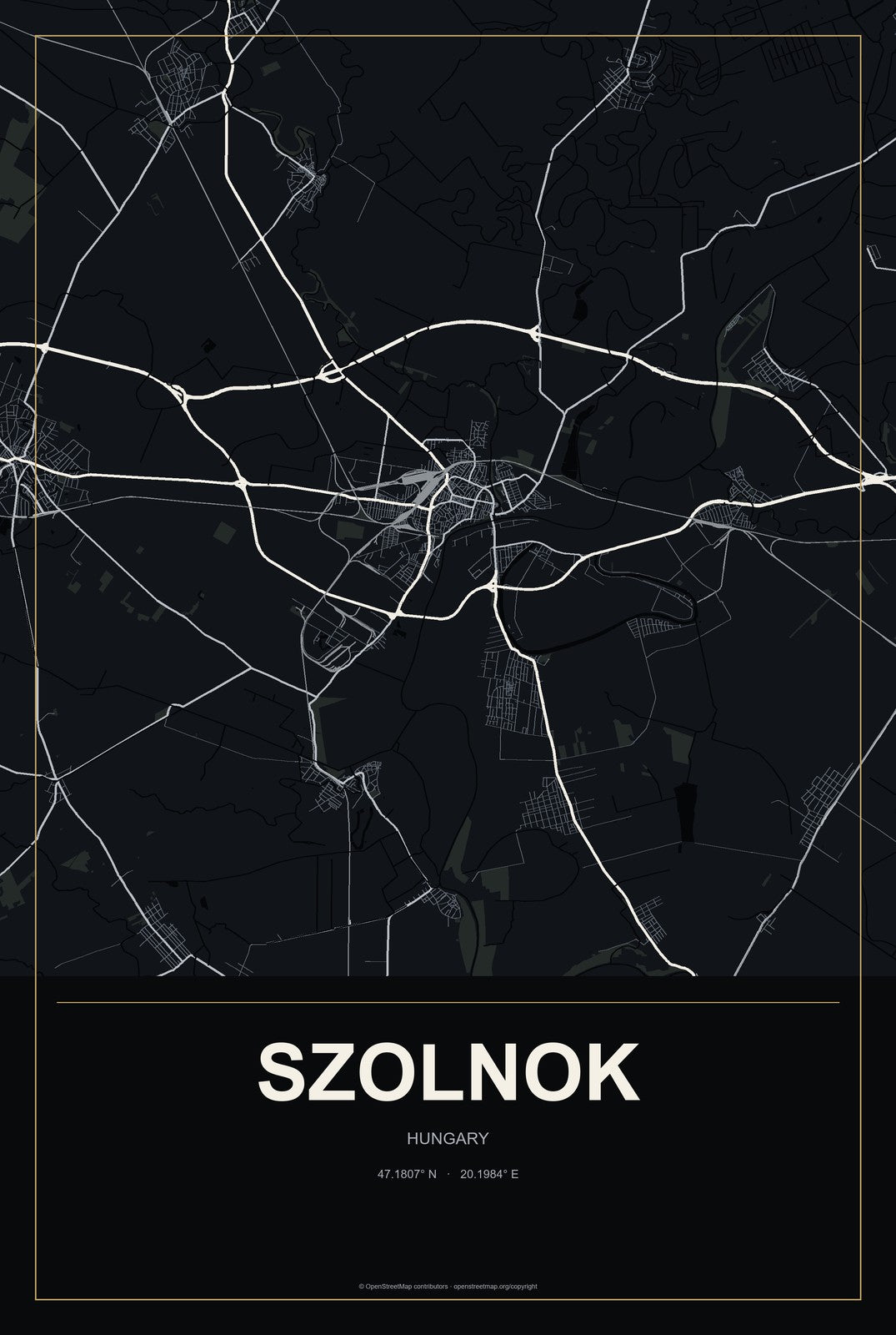 Szolnok, Hungary City Map Aluminum Sign in Metropolitan Noir style