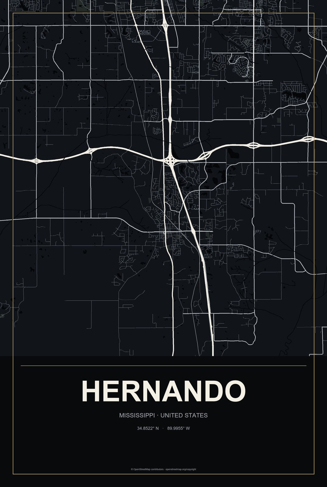 Hernando, Mississippi City Map Aluminum Sign in Metropolitan Noir style