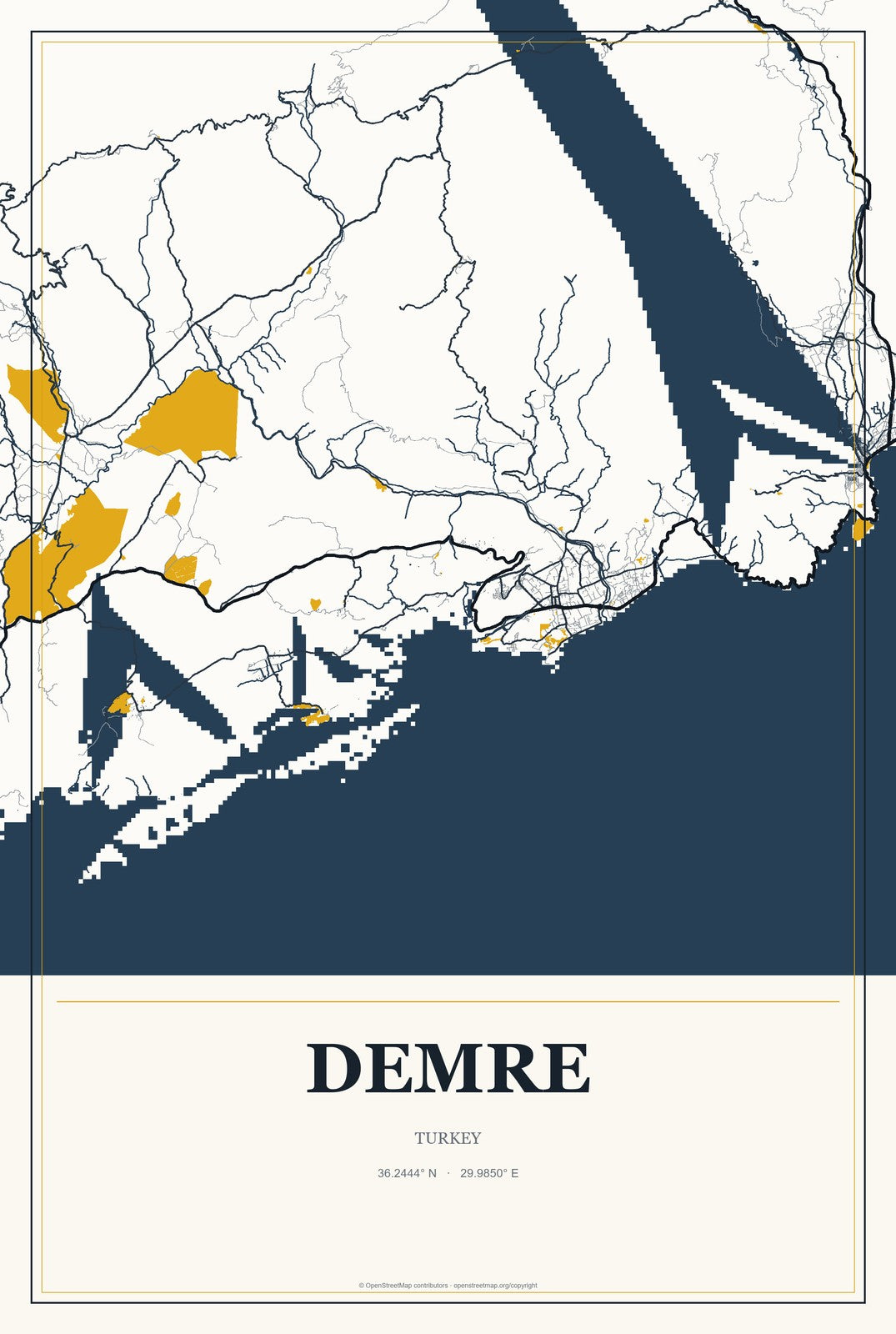 Demre, Turkey City Map Aluminum Sign in Citrine Modern style