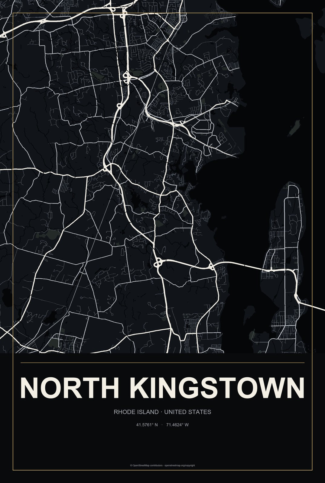 North Kingstown, Rhode Island City Map Aluminum Sign in Metropolitan Noir style