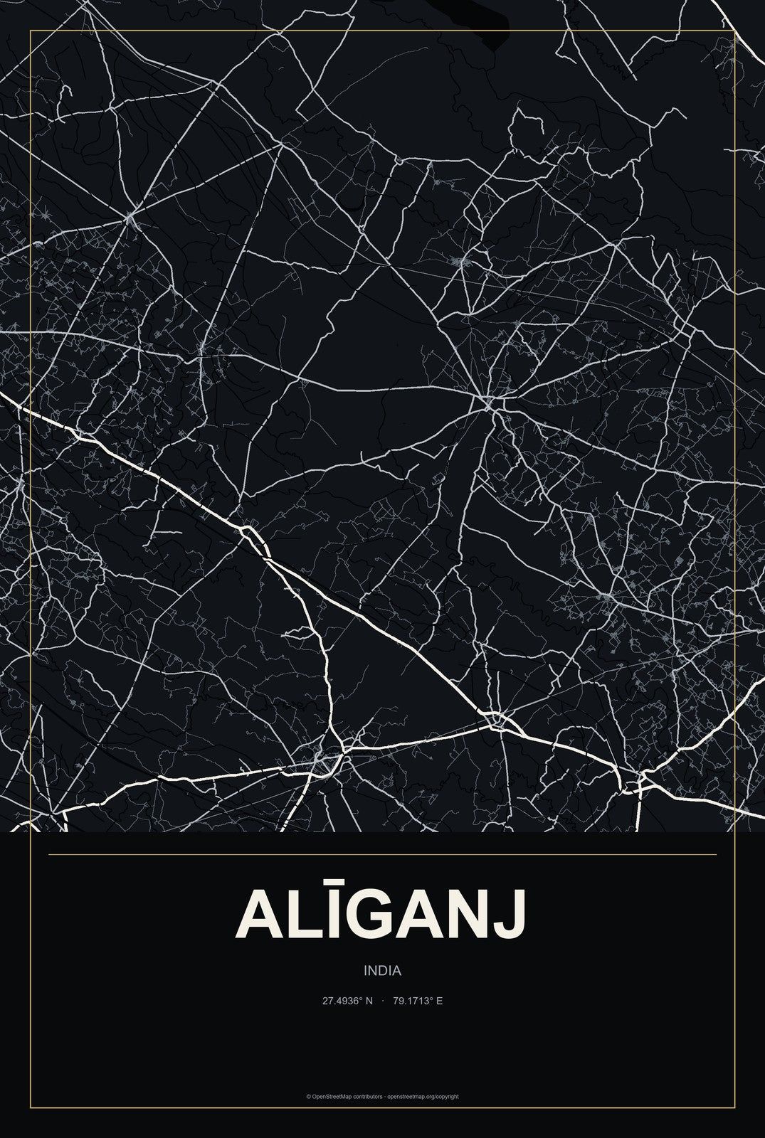 Alīganj, India City Map Aluminum Sign in Metropolitan Noir style