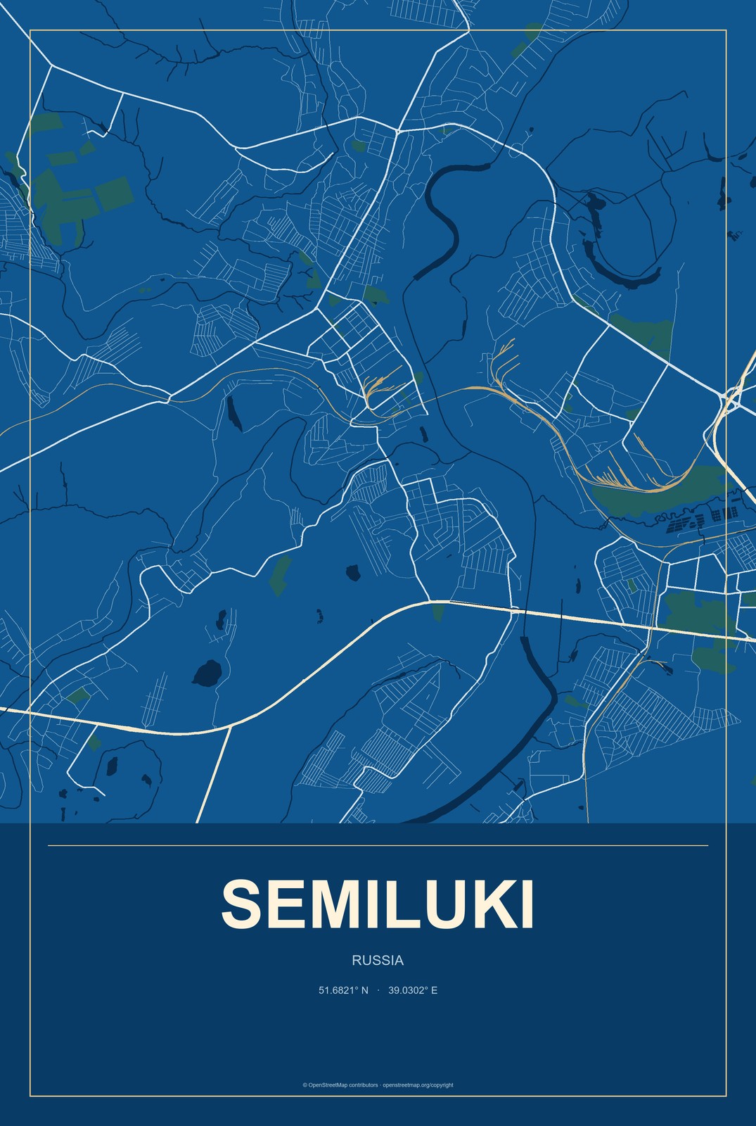 Semiluki, Russia City Map Aluminum Sign in Harbor Cobalt style