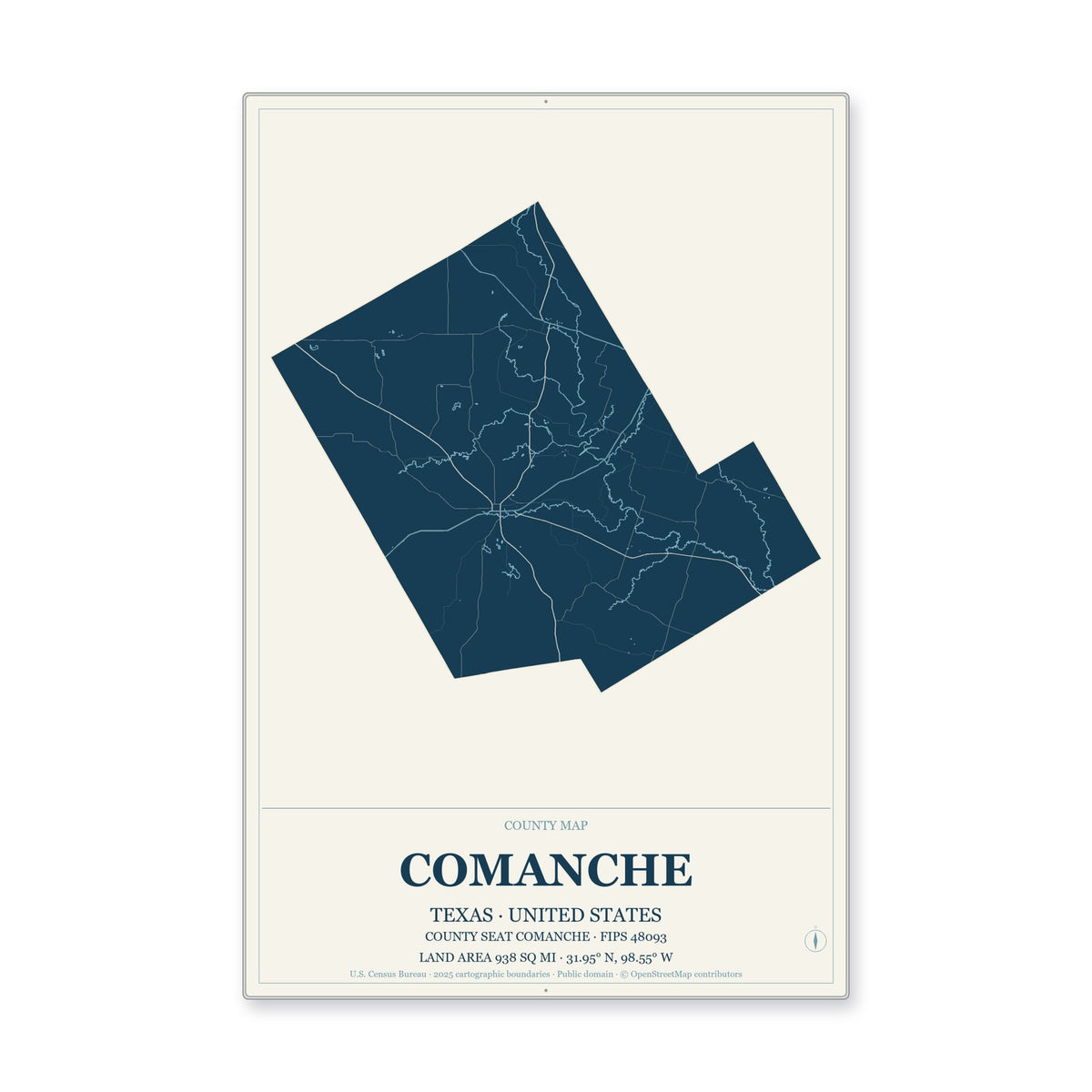 Comanche County, Texas Map Aluminum Sign in Coastal Cutout style