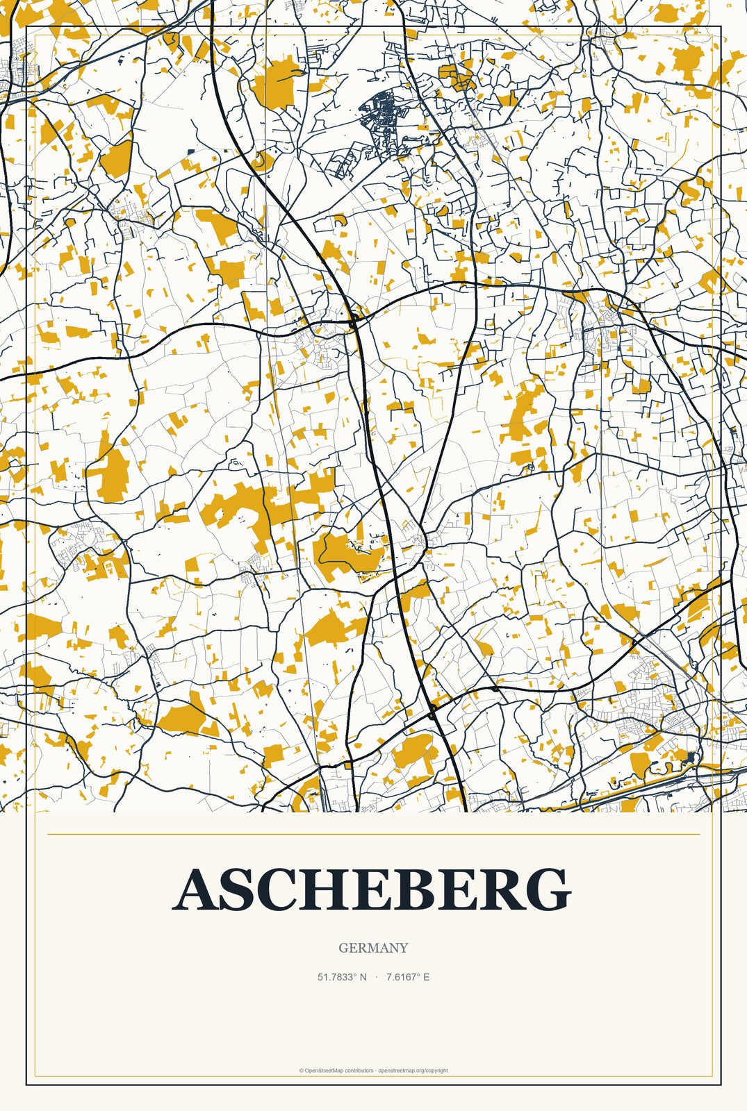 Ascheberg, Germany City Map Aluminum Sign in Citrine Modern style