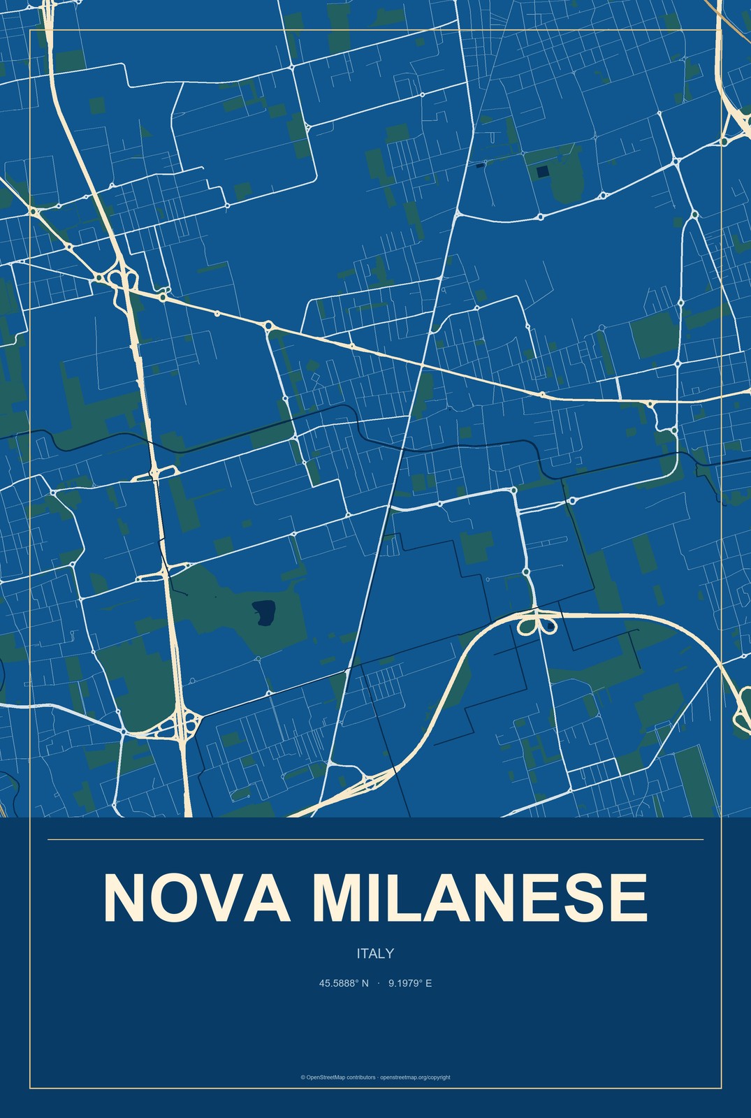 Nova Milanese, Italy City Map Aluminum Sign in Harbor Cobalt style