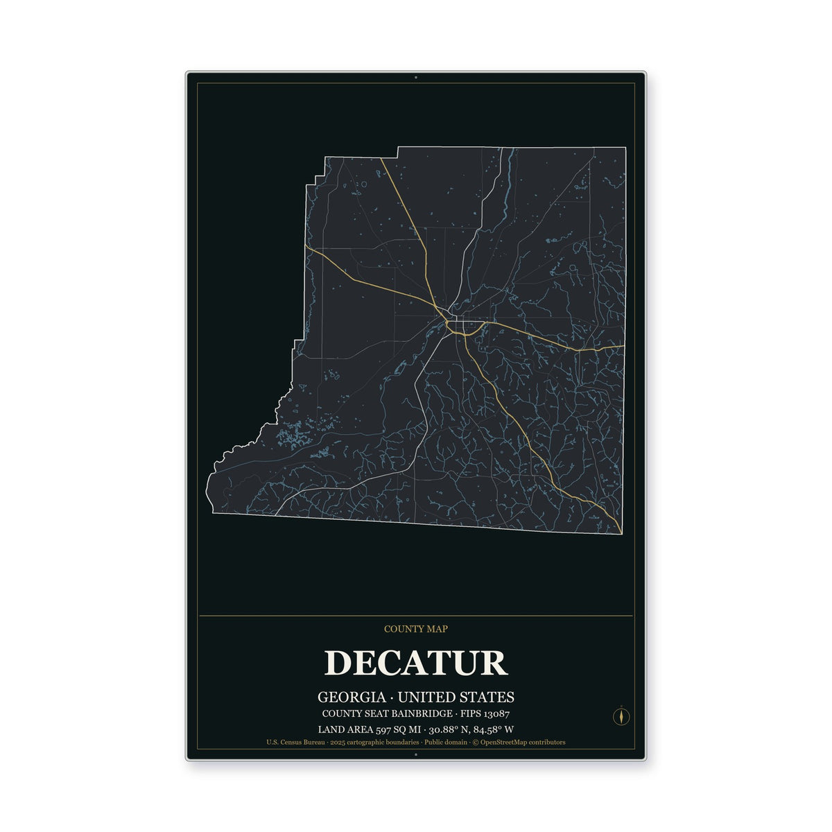 Decatur County, Georgia Map Aluminum Sign in Metropolitan Noir style