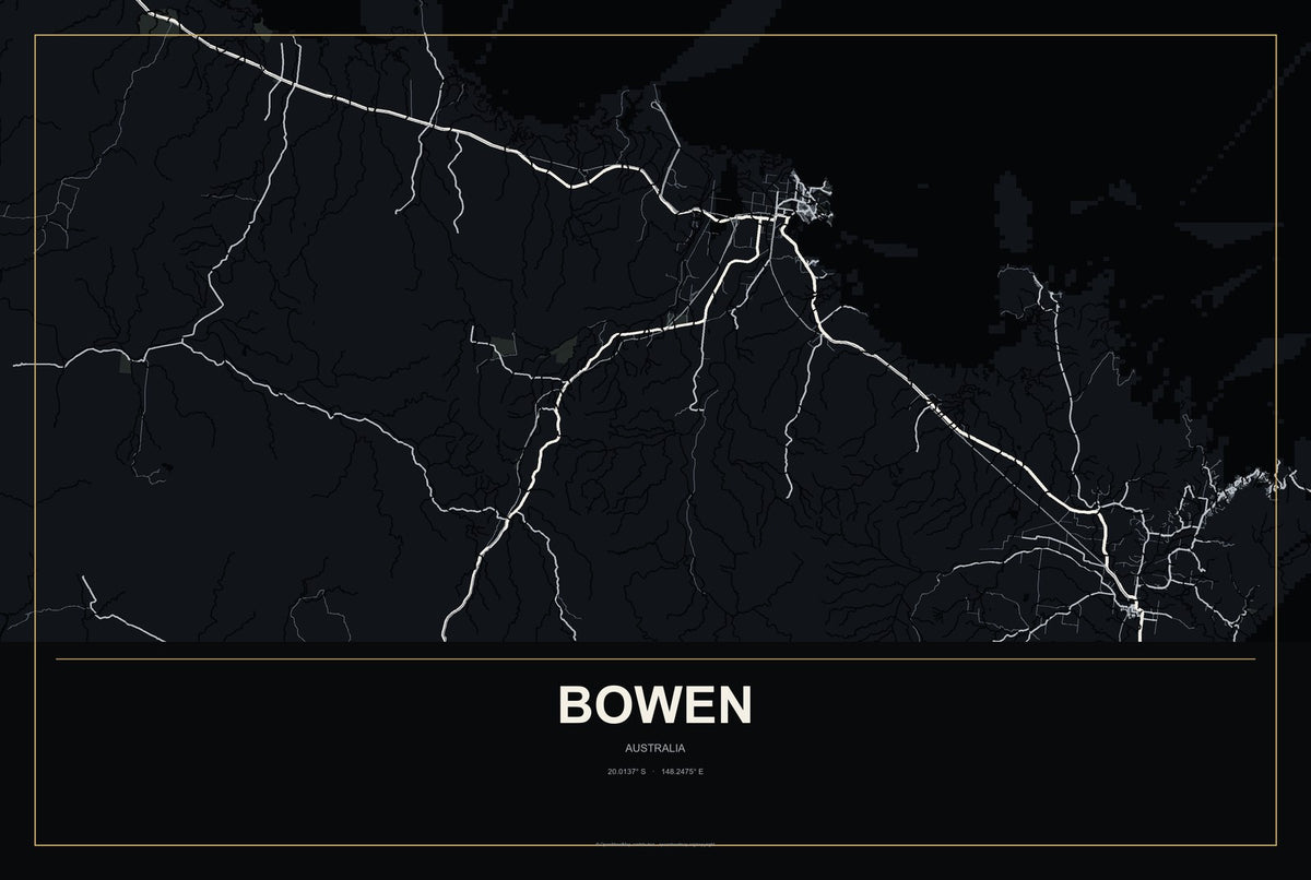 Bowen, Australia City Map Aluminum Sign in Metropolitan Noir style