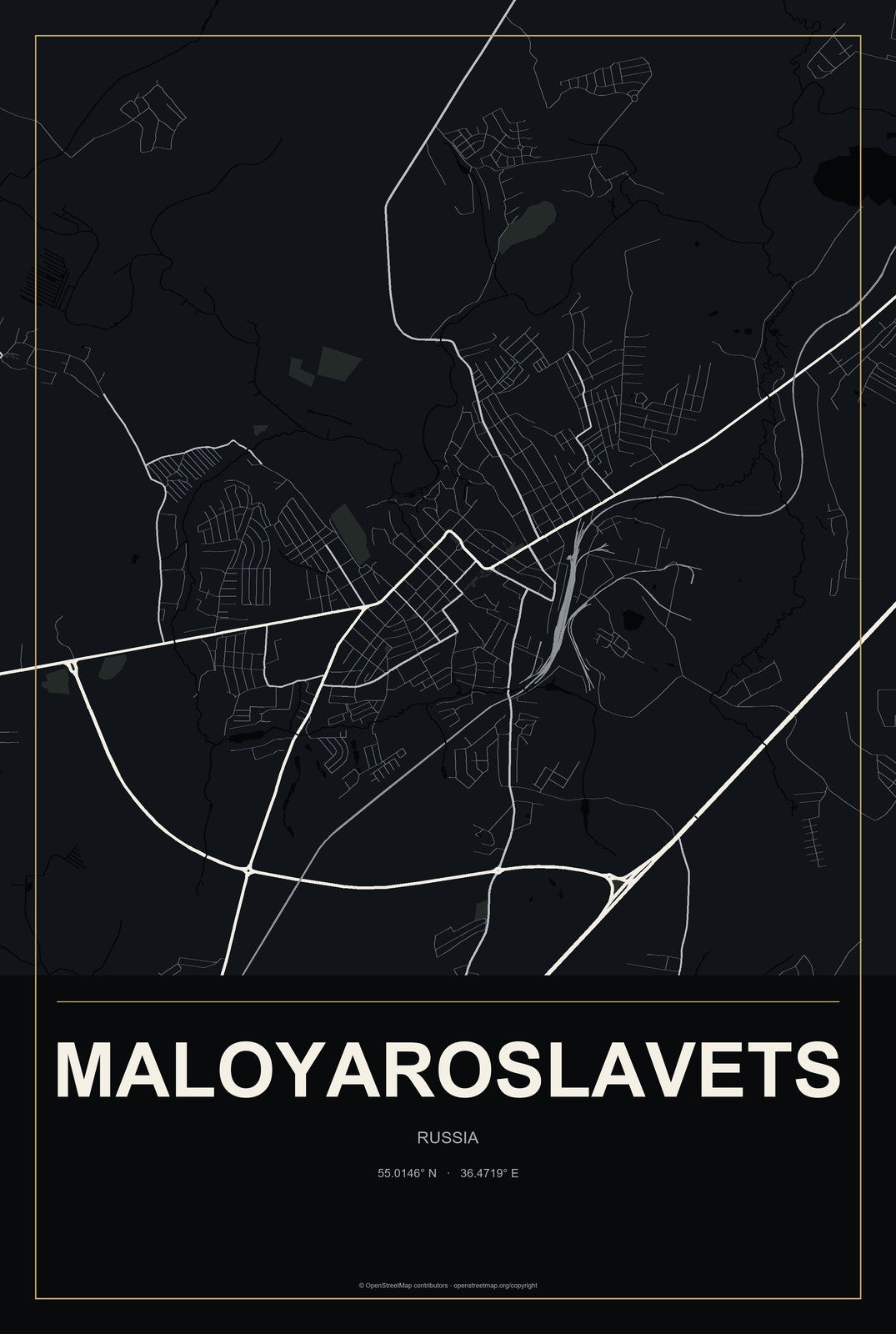 Maloyaroslavets, Russia City Map Aluminum Sign in Metropolitan Noir style