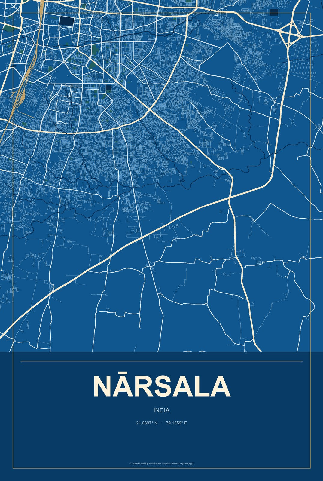 Nārsala, India City Map Aluminum Sign in Harbor Cobalt style