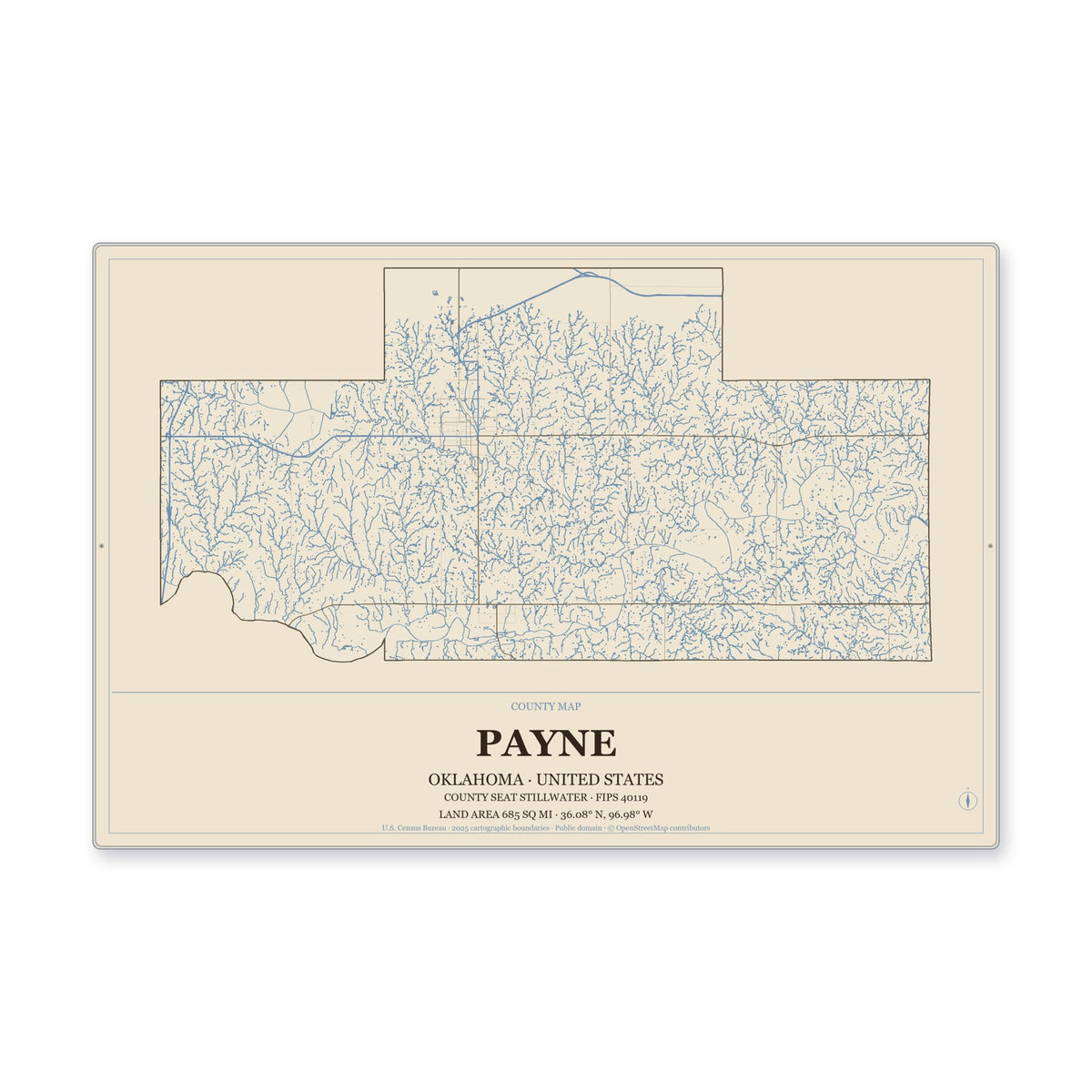 Payne County, Oklahoma Map Aluminum Sign in Heritage Nautical style