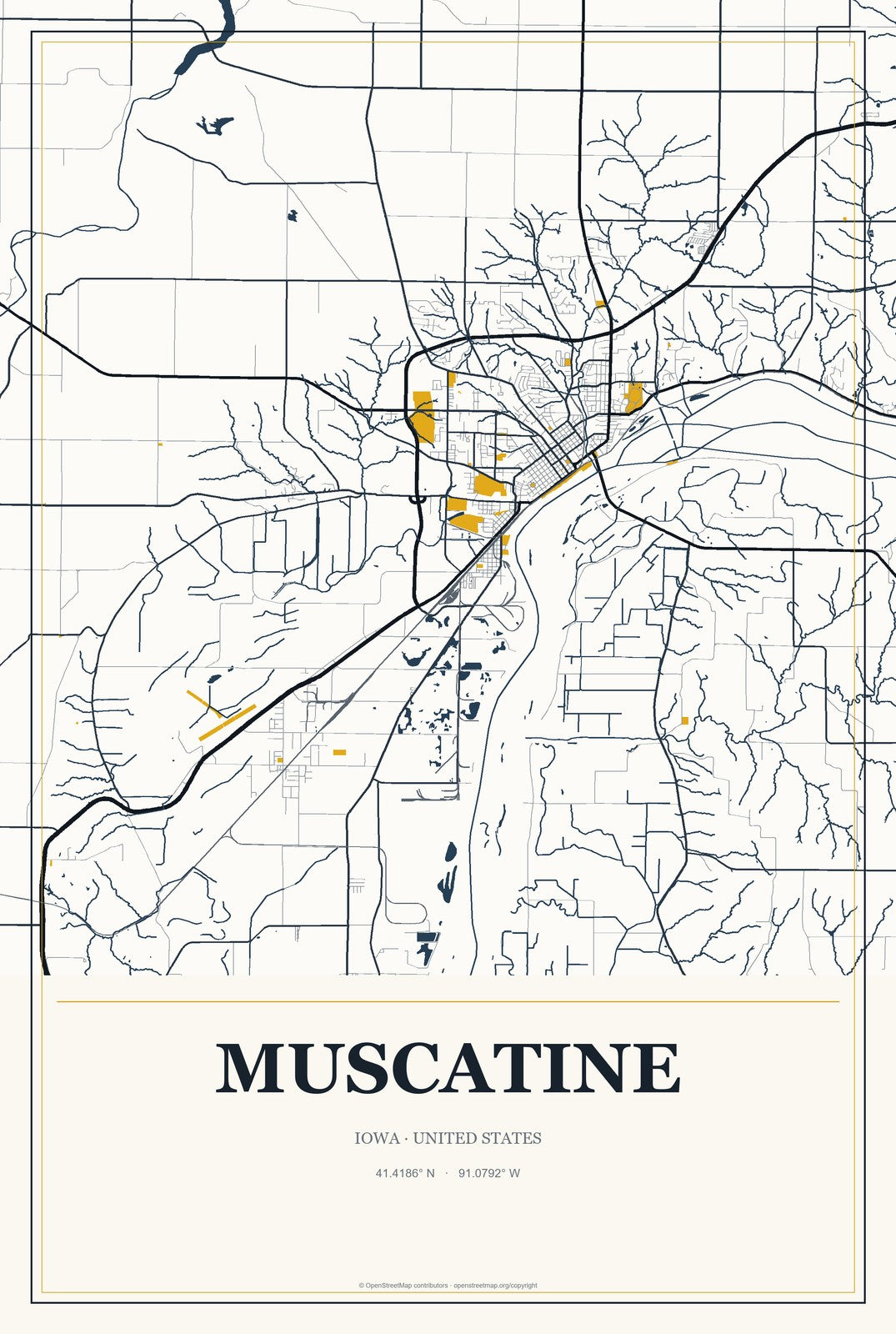 Muscatine, Iowa City Map Aluminum Sign in Citrine Modern style