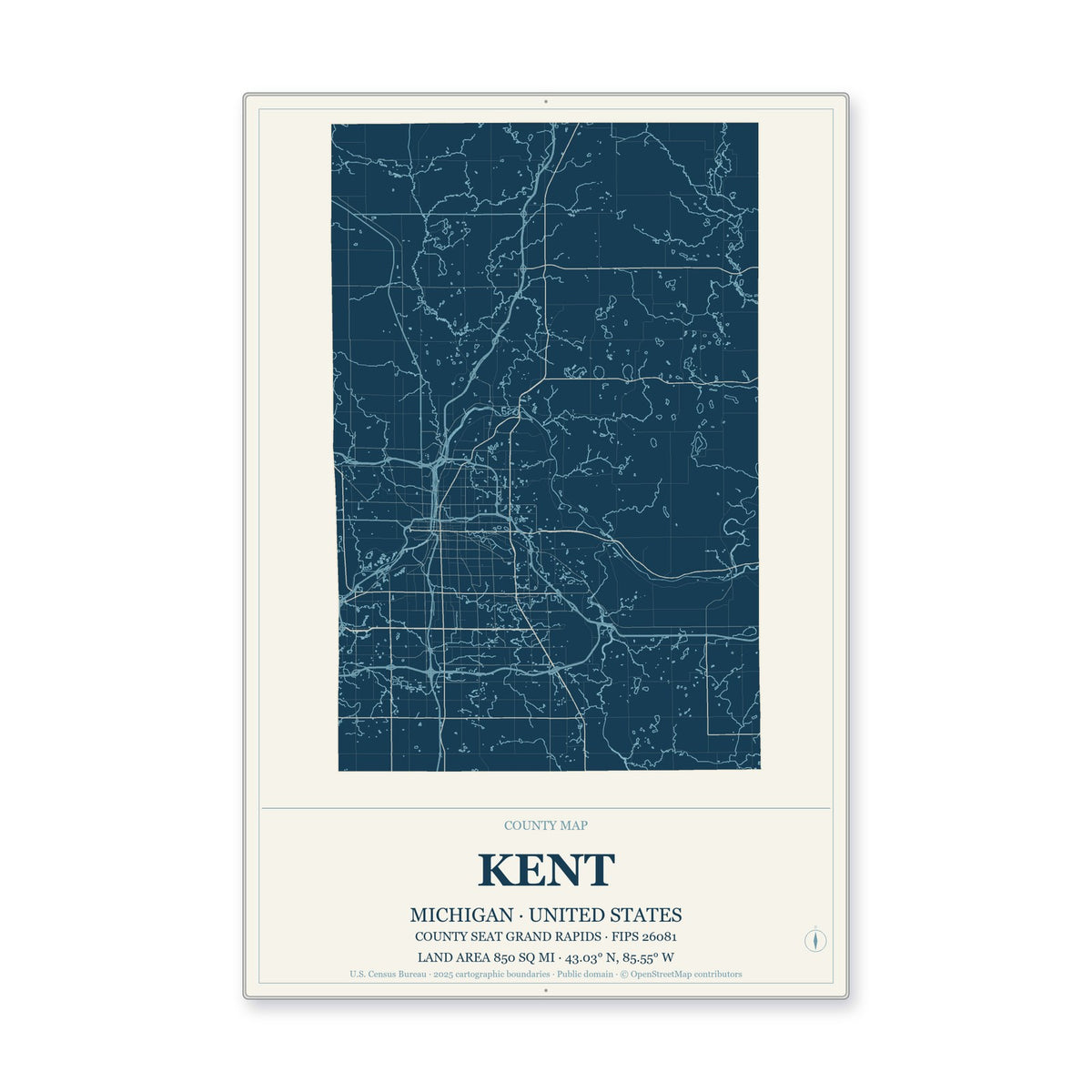 Kent County, Michigan Map Aluminum Sign in Coastal Cutout style