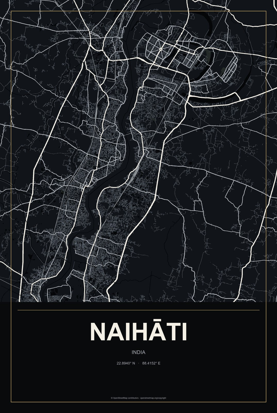 Naihāti, India City Map Aluminum Sign in Metropolitan Noir style