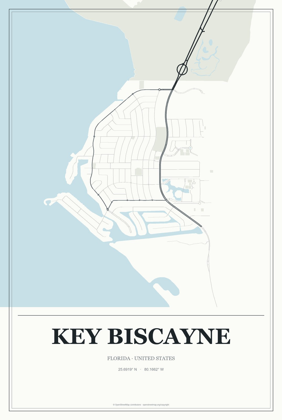Key Biscayne, Florida City Map Aluminum Sign in Gallery Air style