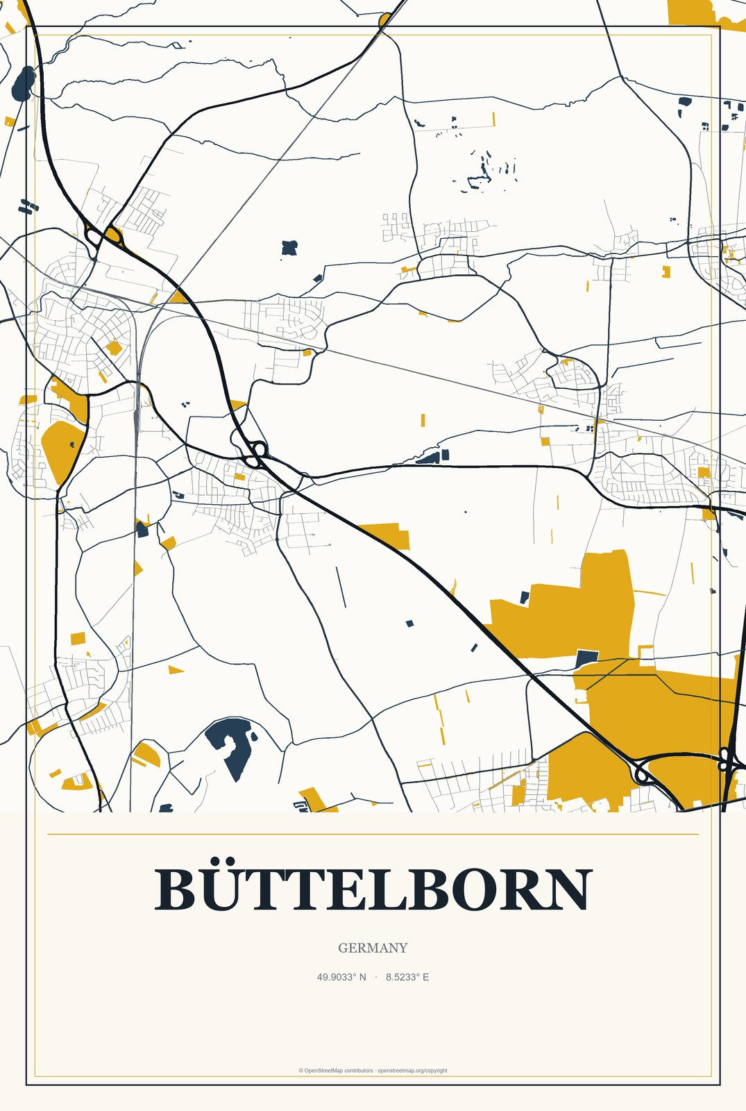 Büttelborn, Germany City Map Aluminum Sign in Citrine Modern style