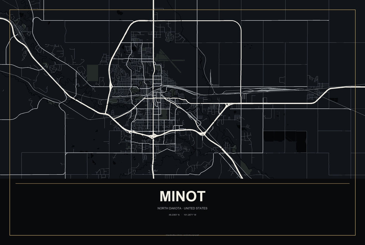 Minot, North Dakota City Map Aluminum Sign in Metropolitan Noir style