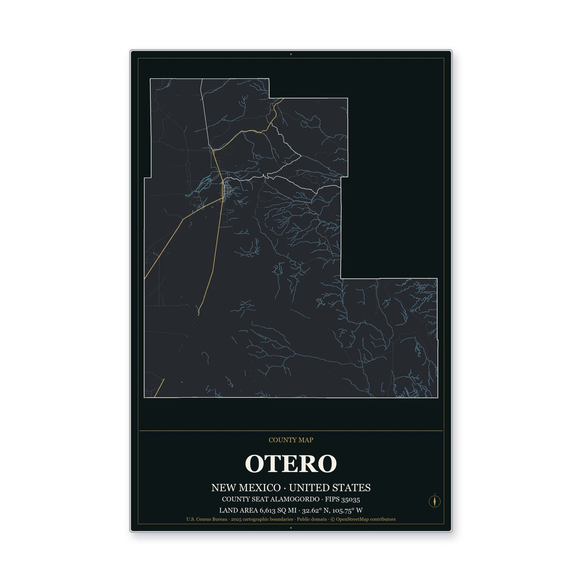 Otero County, New Mexico Map Aluminum Sign in Metropolitan Noir style
