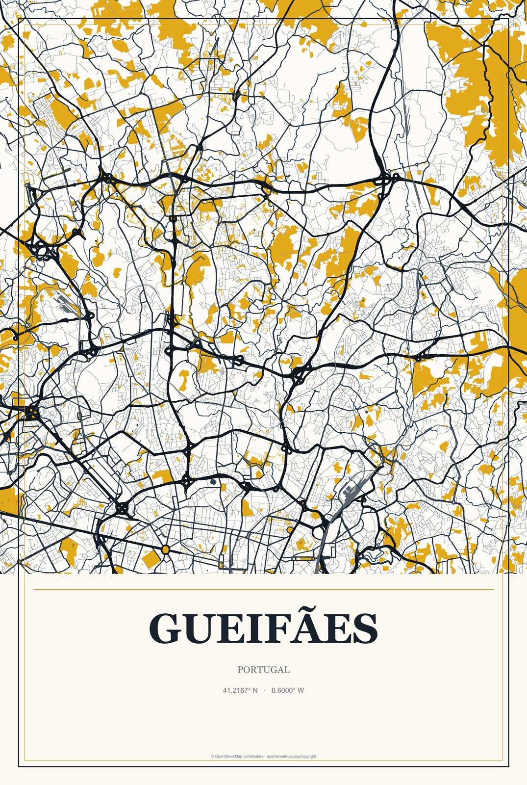 Gueifães, Portugal City Map Aluminum Sign in Citrine Modern style