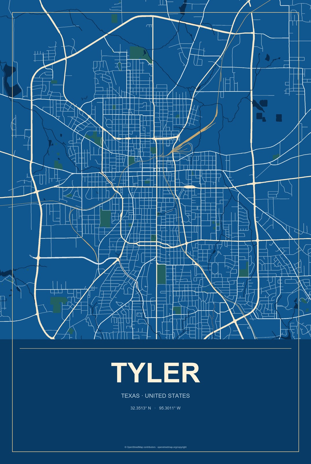 Tyler, Texas City Map Aluminum Sign in Harbor Cobalt style