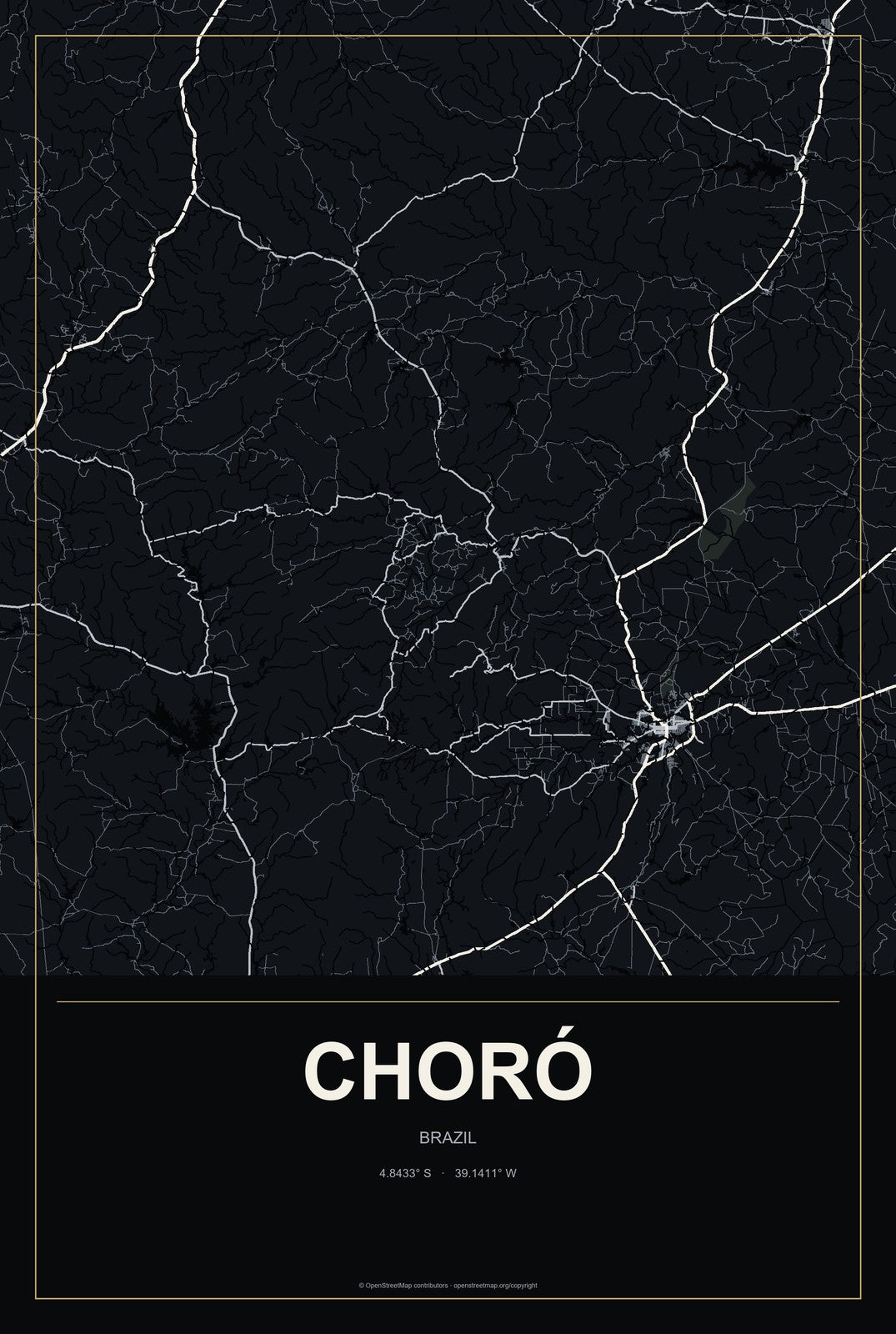 Choró, Brazil City Map Aluminum Sign in Metropolitan Noir style