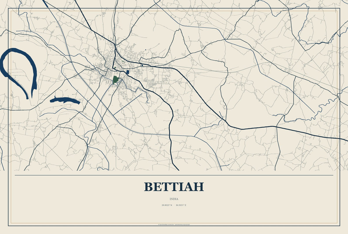 Bettiah, India City Map Aluminum Sign in Coastal Cutout style
