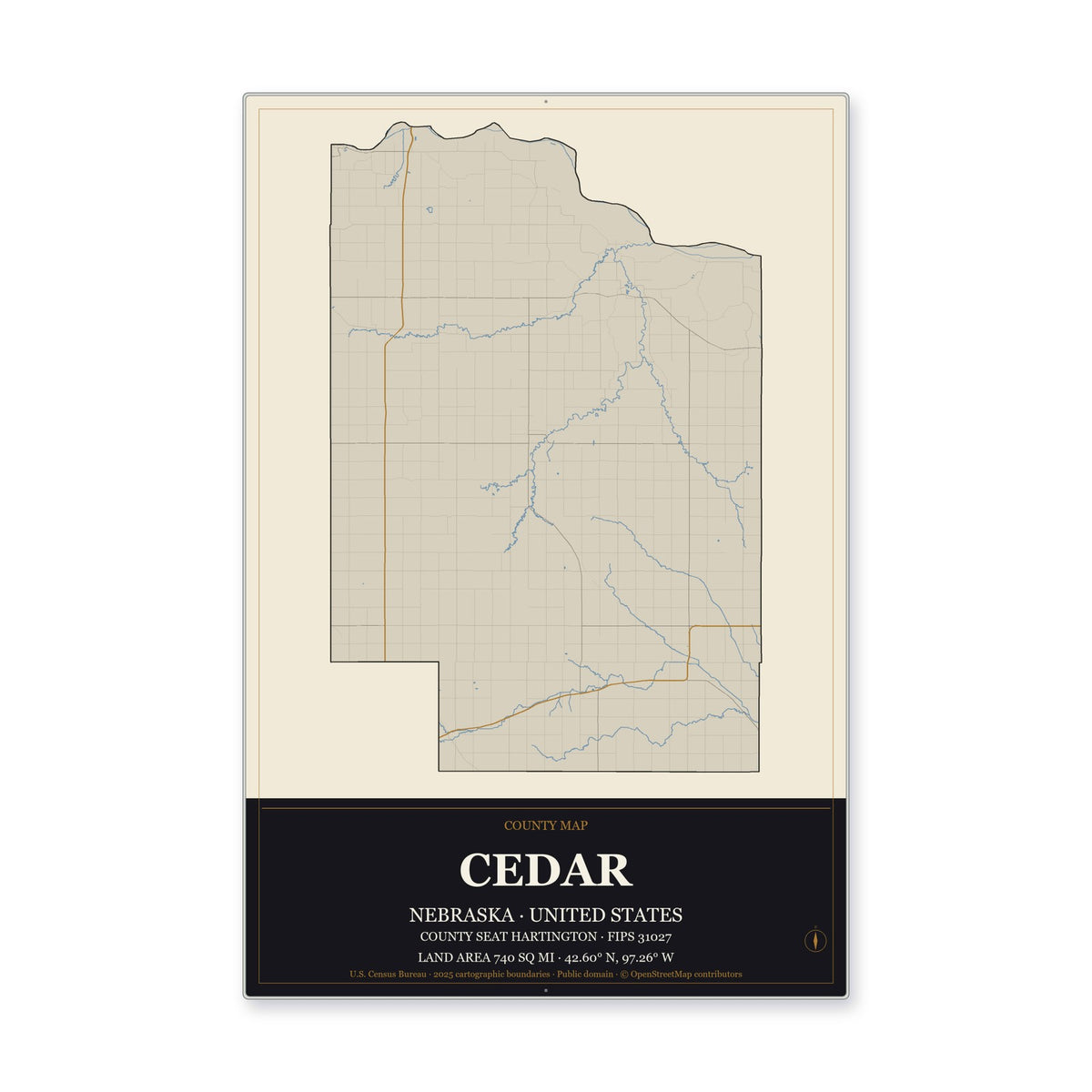 Cedar County, Nebraska Map Aluminum Sign in Museum Plaque style