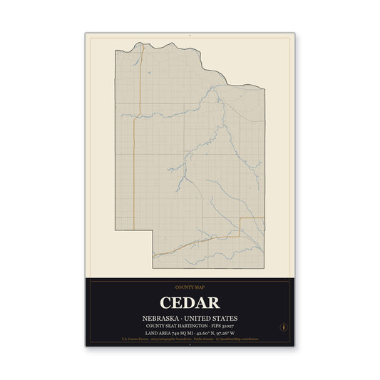 Cedar County, Nebraska Map Aluminum Sign in Museum Plaque style
