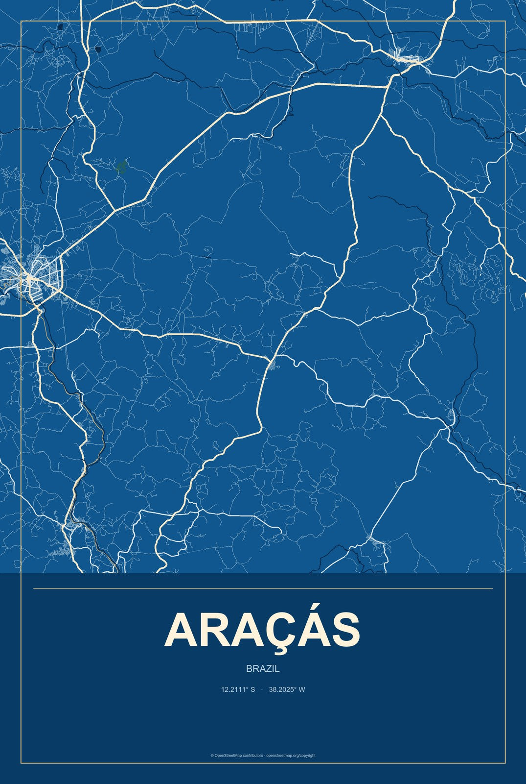 Araçás, Brazil City Map Aluminum Sign in Harbor Cobalt style