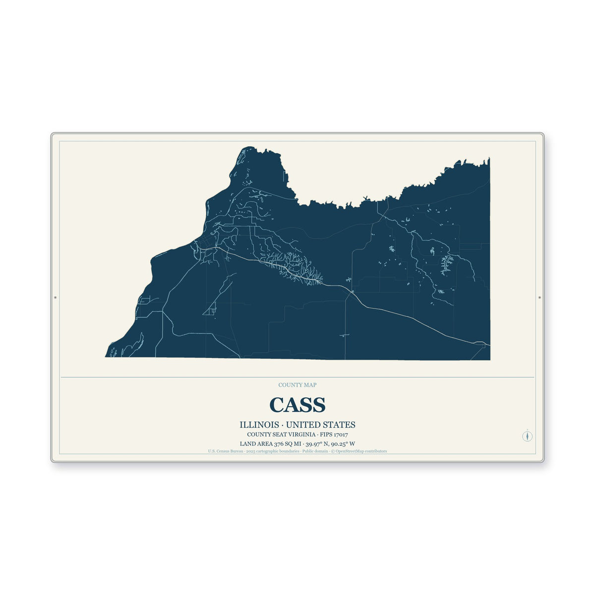 Cass County, Illinois Map Aluminum Sign in Coastal Cutout style