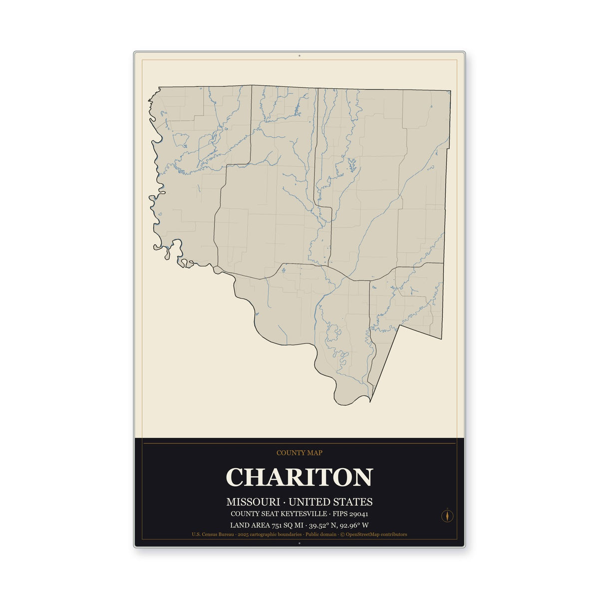 Chariton County, Missouri Map Aluminum Sign in Museum Plaque style