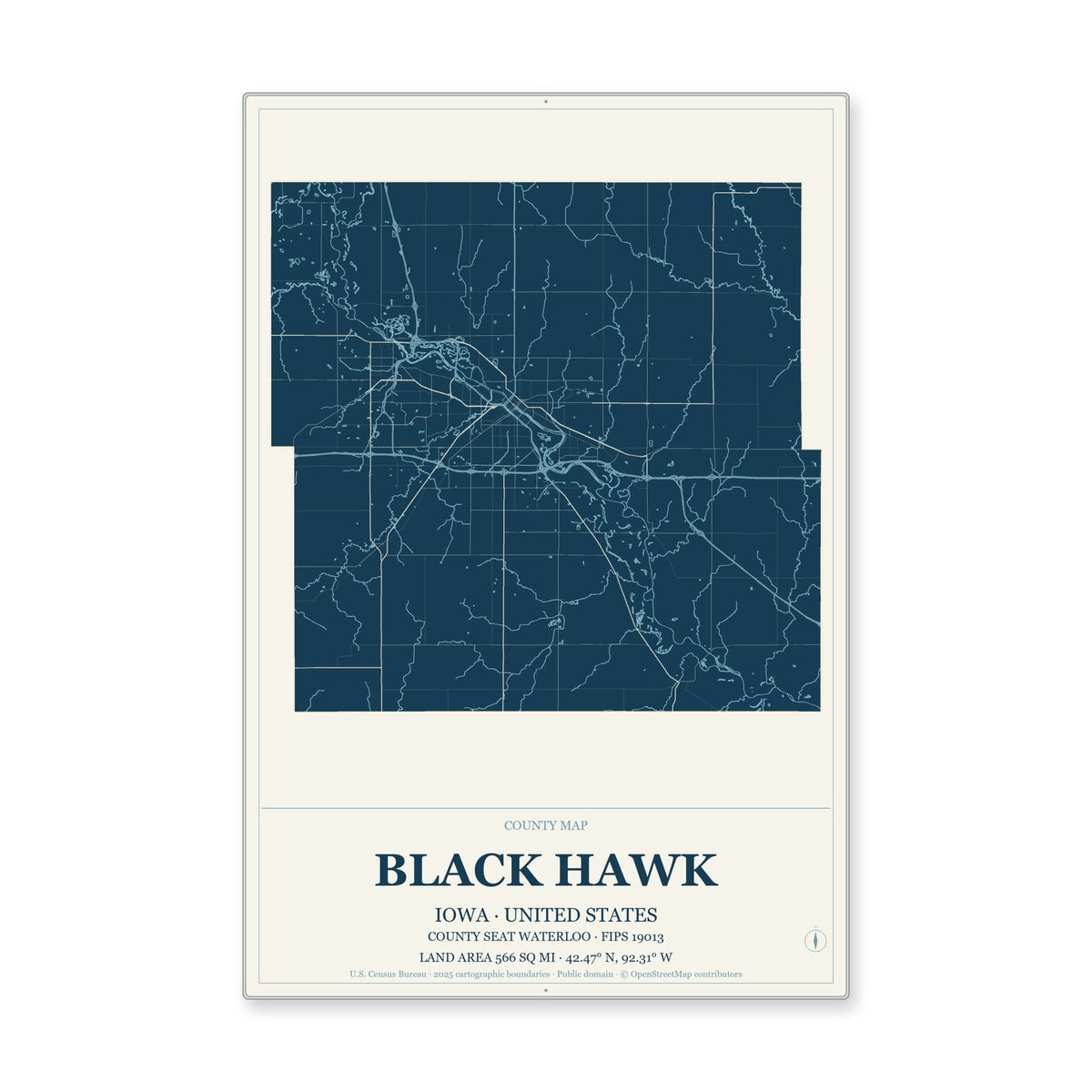 Black Hawk County, Iowa Map Aluminum Sign in Coastal Cutout style